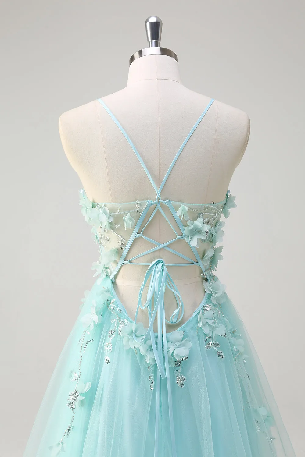 Green A Line Spaghetti Straps Sequin Tulle Prom Dress With 3D Flowers sold by Zapaka product image thumbnail 5