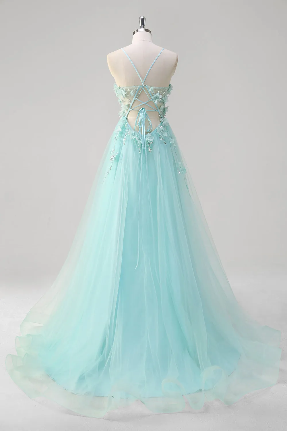 Green A Line Spaghetti Straps Sequin Tulle Prom Dress With 3D Flowers sold by Zapaka product image thumbnail 2