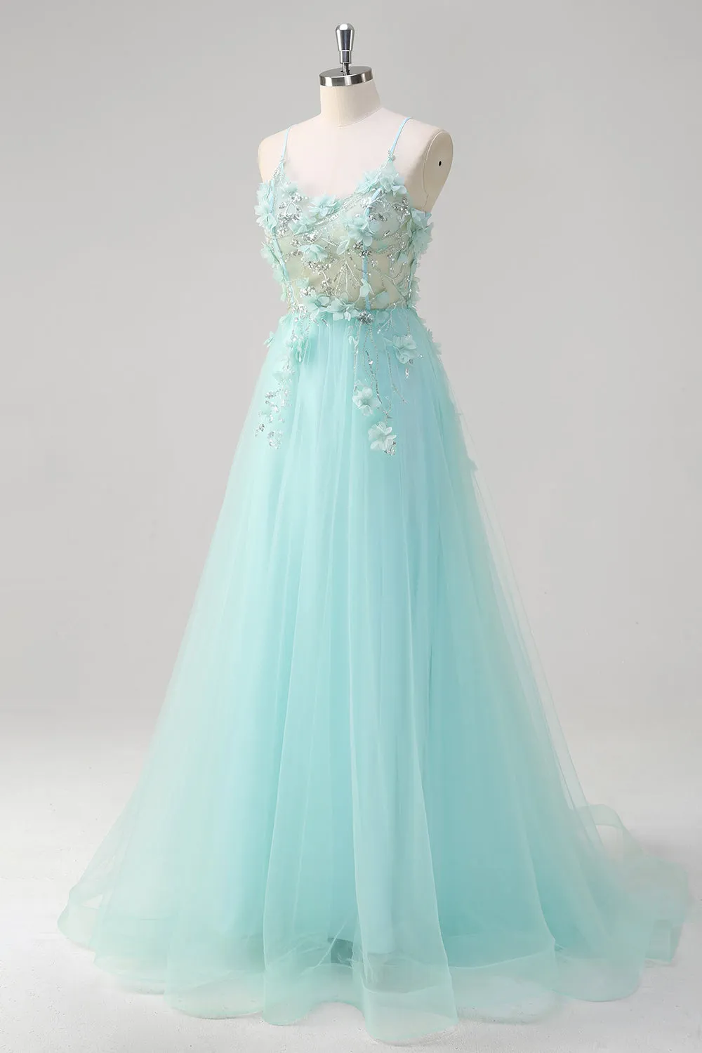 Green A Line Spaghetti Straps Sequin Tulle Prom Dress With 3D Flowers sold by Zapaka product image thumbnail 3