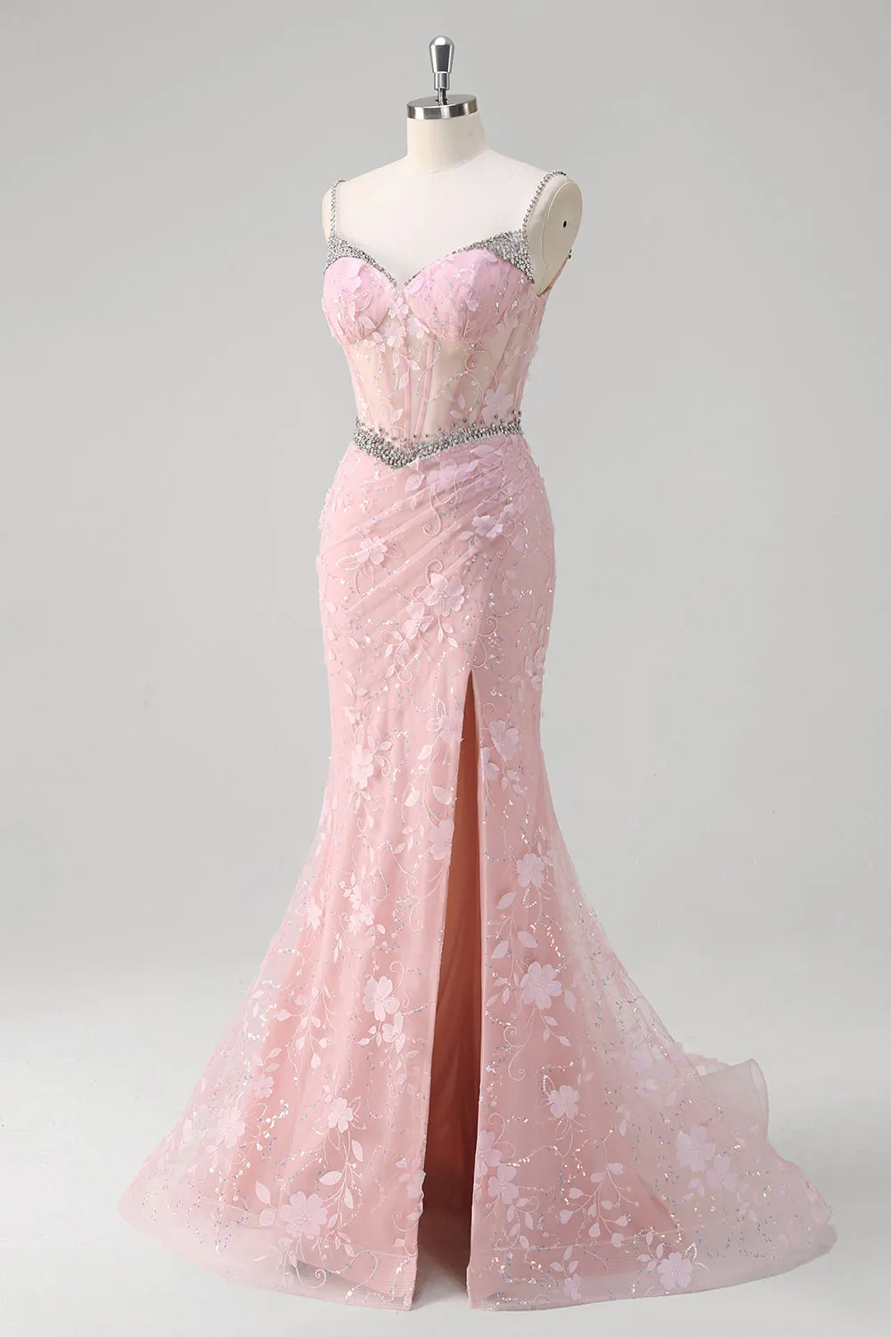 Pink Mermaid Spaghetti Straps Sequined Floral Corset Prom Dress with Beading sold by Zapaka product image thumbnail 3