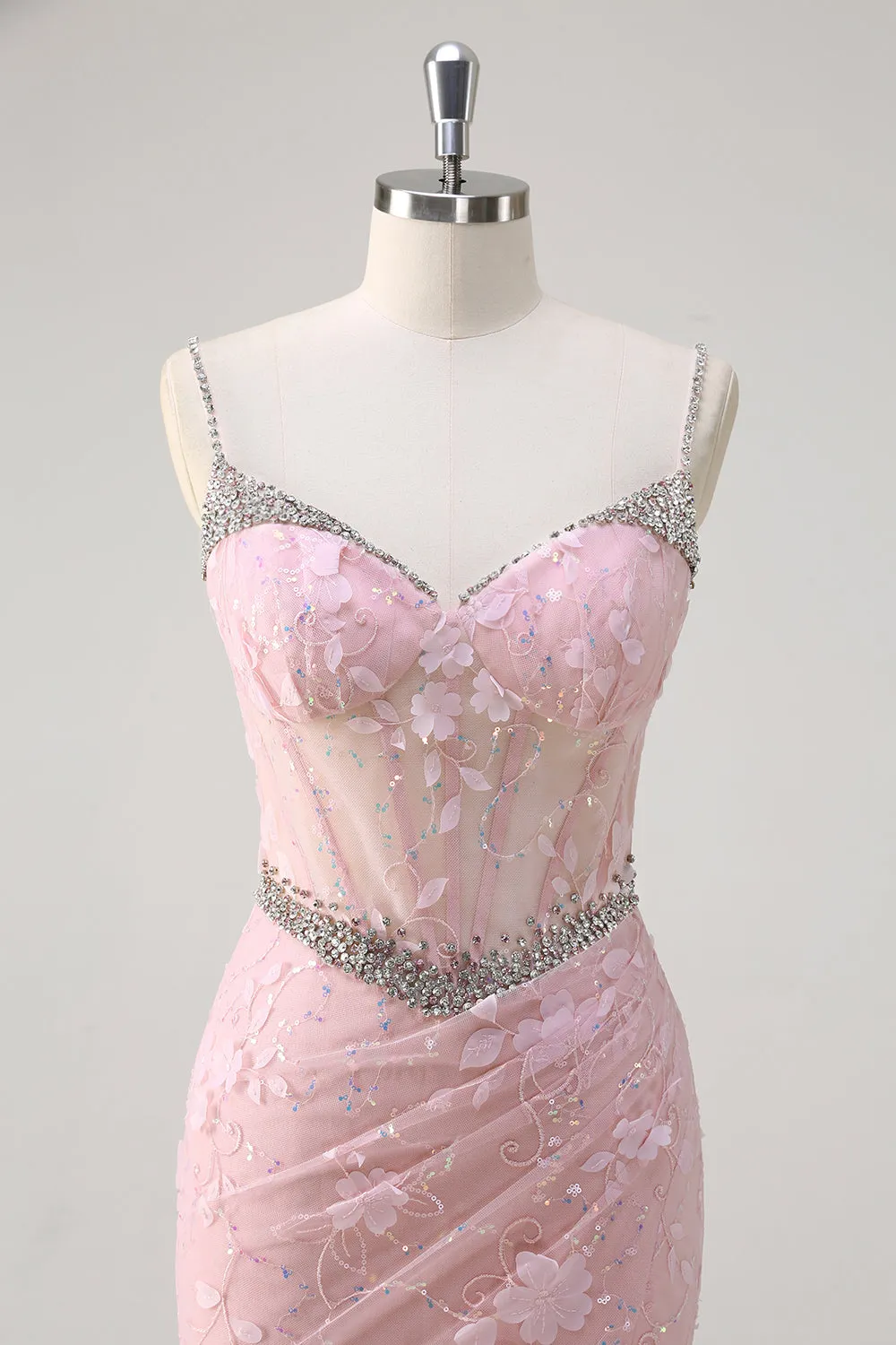 Pink Mermaid Spaghetti Straps Sequined Floral Corset Prom Dress with Beading sold by Zapaka product image thumbnail 4