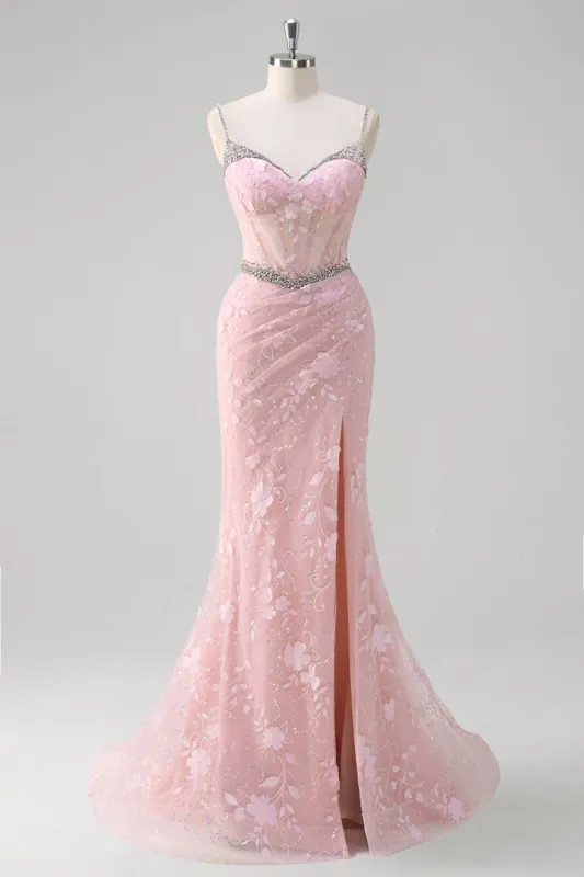 Pink Mermaid Spaghetti Straps Sequined Floral Corset Prom Dress with Beading made by Zapaka