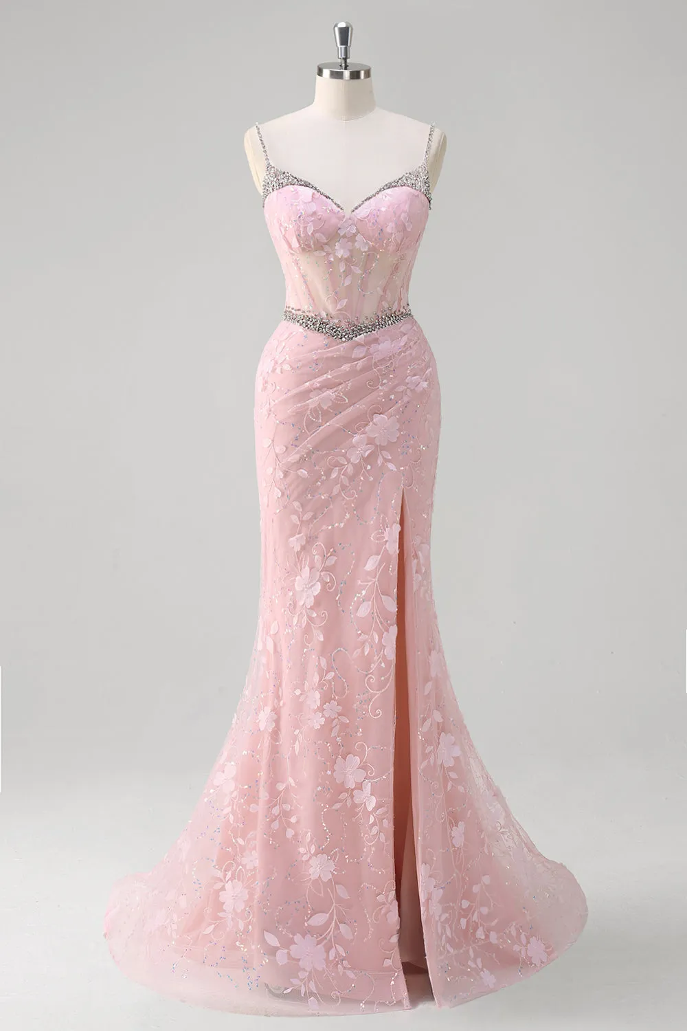 Pink Mermaid Spaghetti Straps Sequined Floral Corset Prom Dress with Beading sold by Zapaka