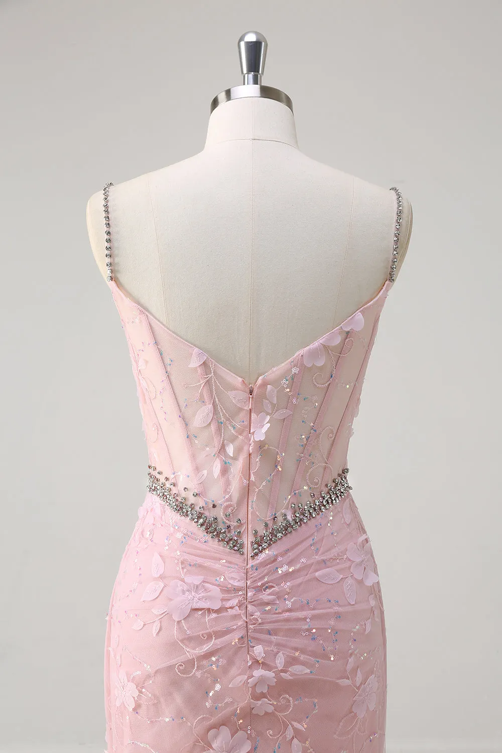 Pink Mermaid Spaghetti Straps Sequined Floral Corset Prom Dress with Beading sold by Zapaka product image thumbnail 5