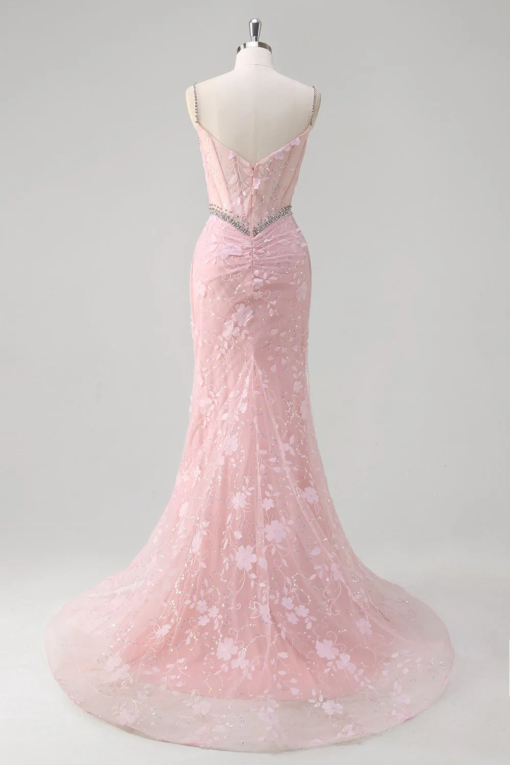 Pink Mermaid Spaghetti Straps Sequined Floral Corset Prom Dress with Beading sold by Zapaka product image thumbnail 2