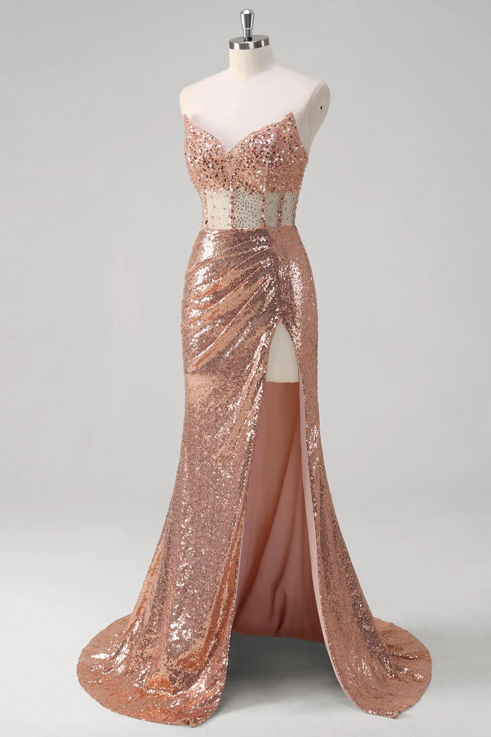 Sparkly Rose Golden Mermaid Corset Long Prom Dress With Sequins sold by Zapaka product image thumbnail 3