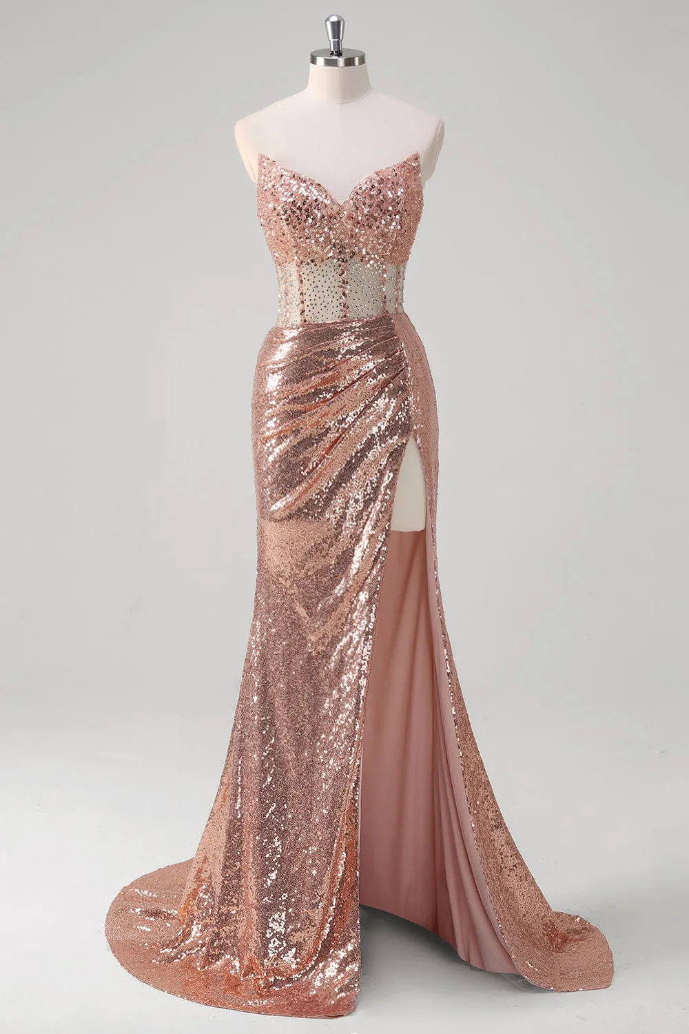Sparkly Rose Golden Mermaid Corset Long Prom Dress With Sequins sold by Zapaka