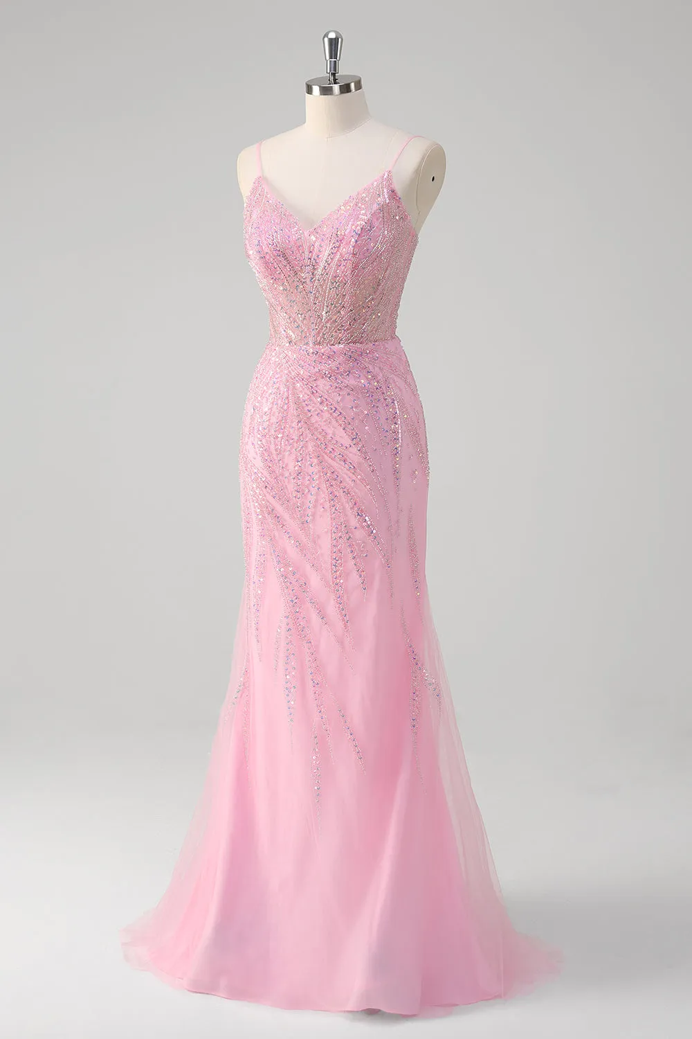 Pink Mermaid Spaghetti Straps Sequin Corset Long Prom Dress sold by Zapaka product image thumbnail 3