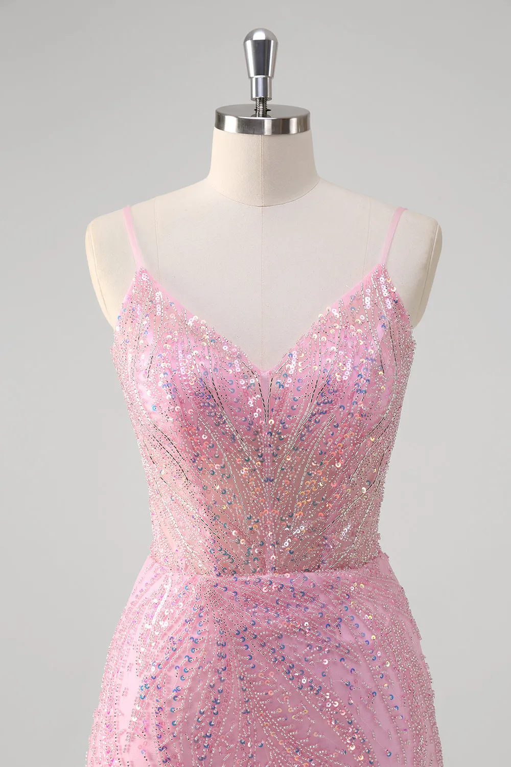 Pink Mermaid Spaghetti Straps Sequin Corset Long Prom Dress sold by Zapaka product image thumbnail 4