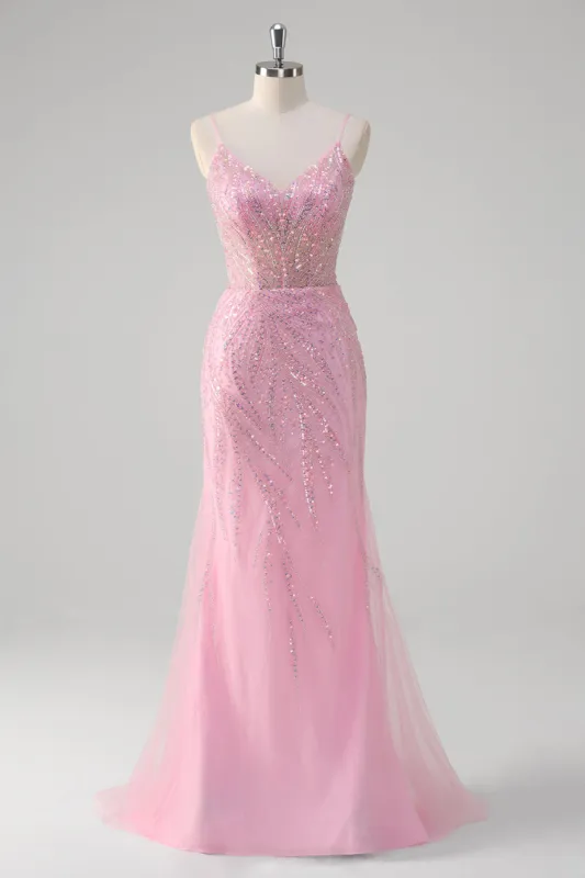 Pink Mermaid Spaghetti Straps Sequin Corset Long Prom Dress sold by Zapaka