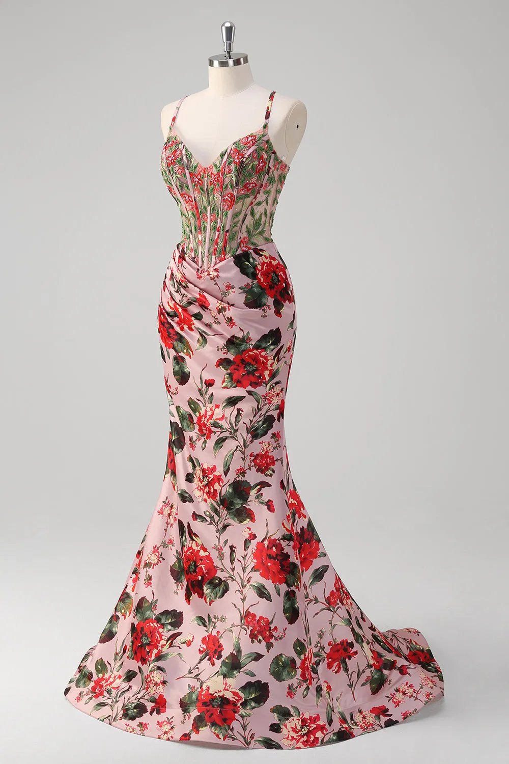 Blush Mermaid Spaghetti Straps Corset Floral Prom Dress sold by Zapaka product image thumbnail 3