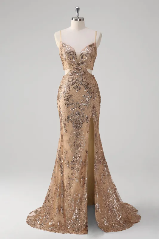 Champagne Mermaid Spaghetti Straps Sequin Hollow Out Prom Dress sold by Zapaka