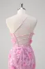 Pink Mermaid Spaghetti Straps Sequin Prom Dress With 3D Flowers sold by Zapaka