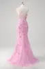 Pink Mermaid Spaghetti Straps Sequin Prom Dress With 3D Flowers sold by Zapaka
