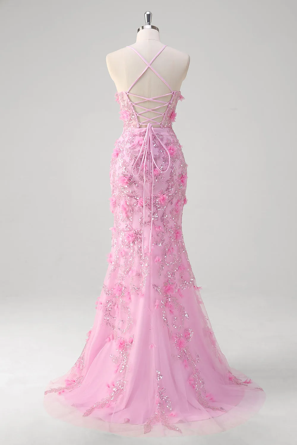 Pink Mermaid Spaghetti Straps Sequin Prom Dress With 3D Flowers sold by Zapaka product image thumbnail 2
