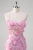 Pink Mermaid Spaghetti Straps Sequin Prom Dress With 3D Flowers sold by Zapaka