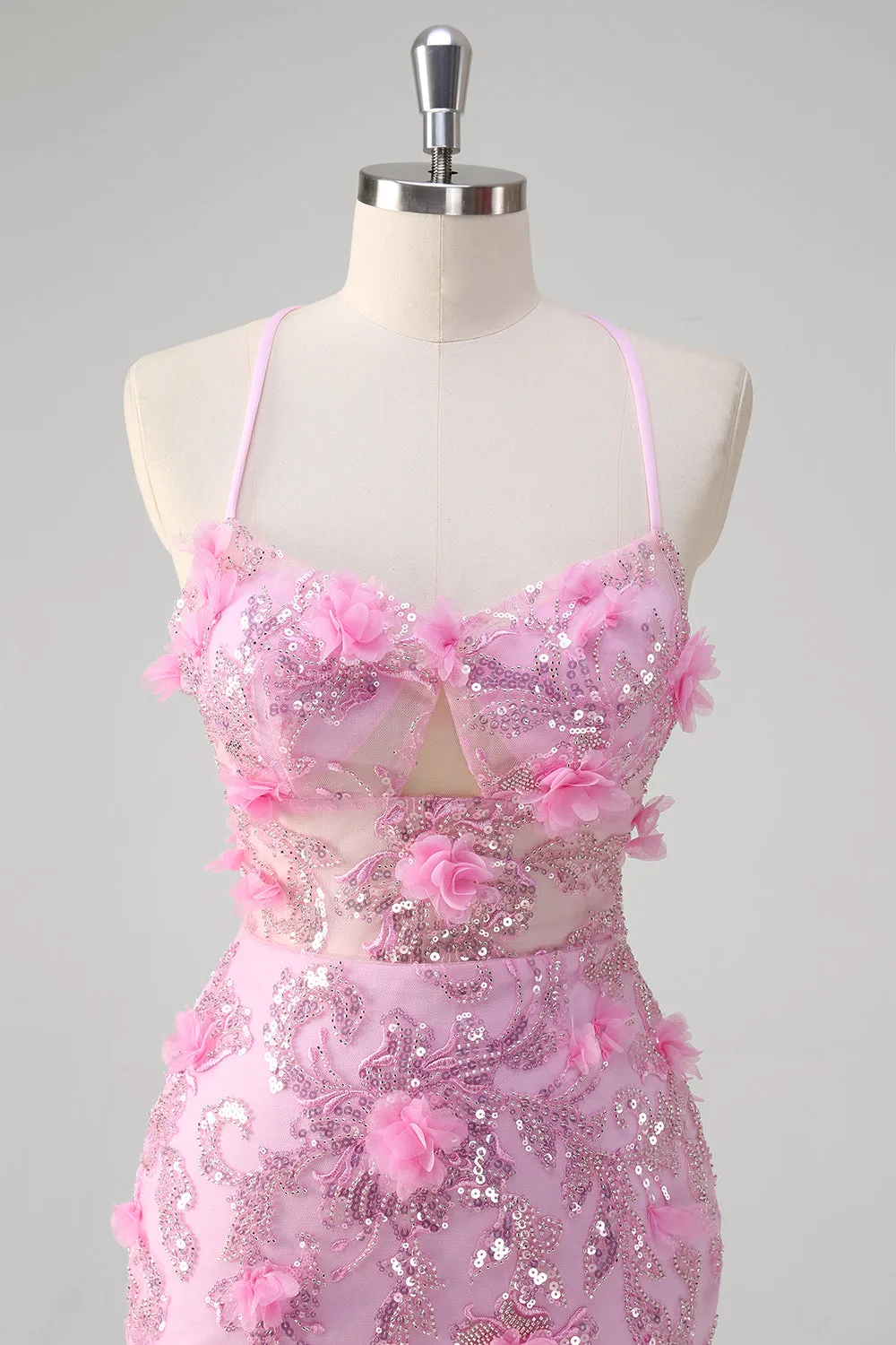 Pink Mermaid Spaghetti Straps Sequin Prom Dress With 3D Flowers sold by Zapaka product image thumbnail 4