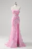 Pink Mermaid Spaghetti Straps Sequin Prom Dress With 3D Flowers sold by Zapaka