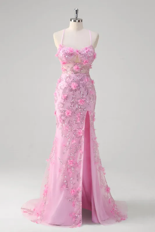 Pink Mermaid Spaghetti Straps Sequin Prom Dress With 3D Flowers sold by Zapaka