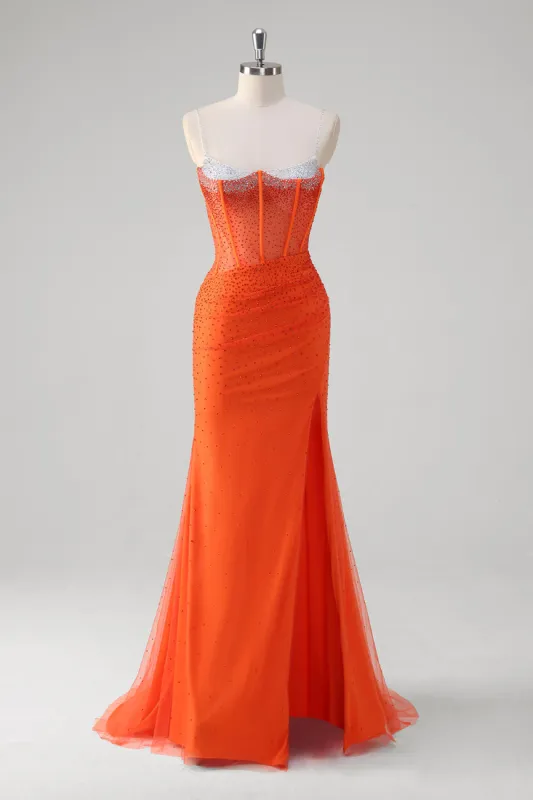 Orange Spaghetti Straps Beaded Corset Mermaid Prom Dress sold by Zapaka