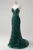 Sparkly Dark Green Mermaid Spaghetti Straps Corset Sequined Embroidery Tulle Long Prom Dress sold by Zapaka