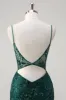 Sparkly Dark Green Mermaid Spaghetti Straps Corset Sequined Embroidery Tulle Long Prom Dress sold by Zapaka