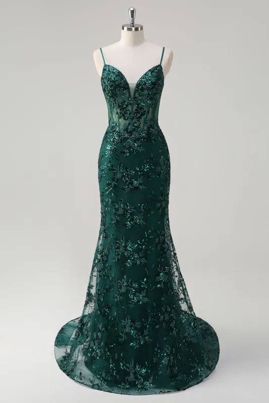 Sparkly Dark Green Mermaid Spaghetti Straps Corset Sequined Embroidery Tulle Long Prom Dress sold by Zapaka
