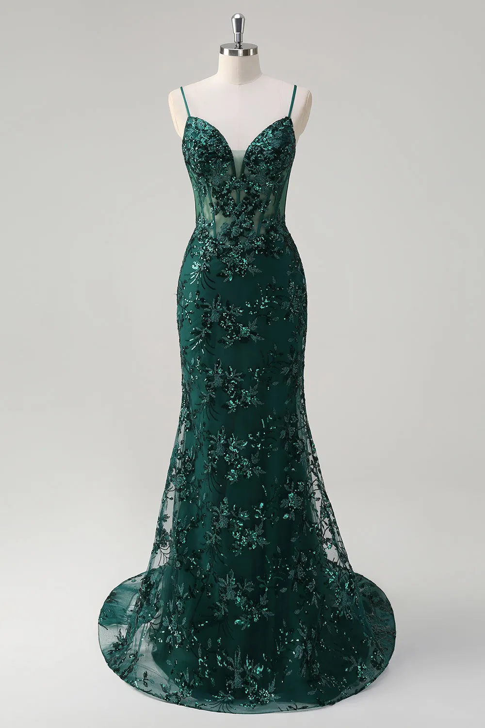 Sparkly Dark Green Mermaid Spaghetti Straps Corset Sequined Embroidery Tulle Long Prom Dress sold by Zapaka