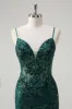 Sparkly Dark Green Mermaid Spaghetti Straps Corset Sequined Embroidery Tulle Long Prom Dress sold by Zapaka
