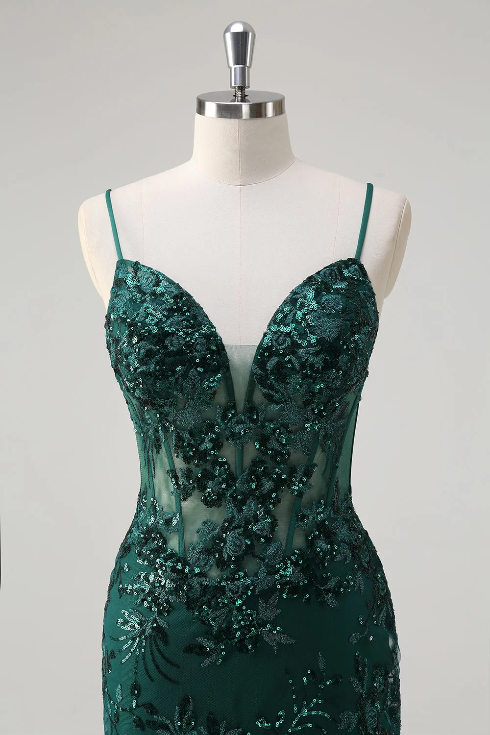 Sparkly Dark Green Mermaid Spaghetti Straps Corset Sequined Embroidery Tulle Long Prom Dress sold by Zapaka product image thumbnail 4