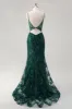 Sparkly Dark Green Mermaid Spaghetti Straps Corset Sequined Embroidery Tulle Long Prom Dress sold by Zapaka