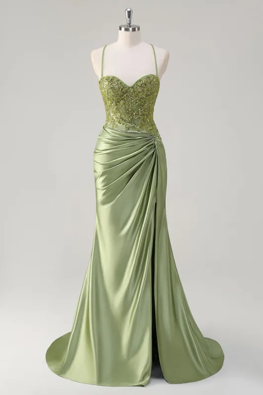 Sparkly Army Green Mermaid Corset Long Prom Dress with Slit sold by Zapaka