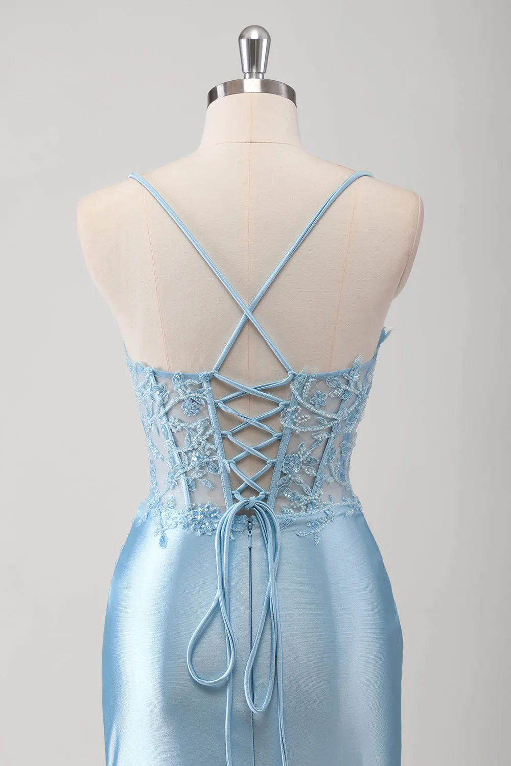 Blue Mermaid Corset Spaghetti Straps Appliqued Long Prom Dress sold by Zapaka product image thumbnail 4