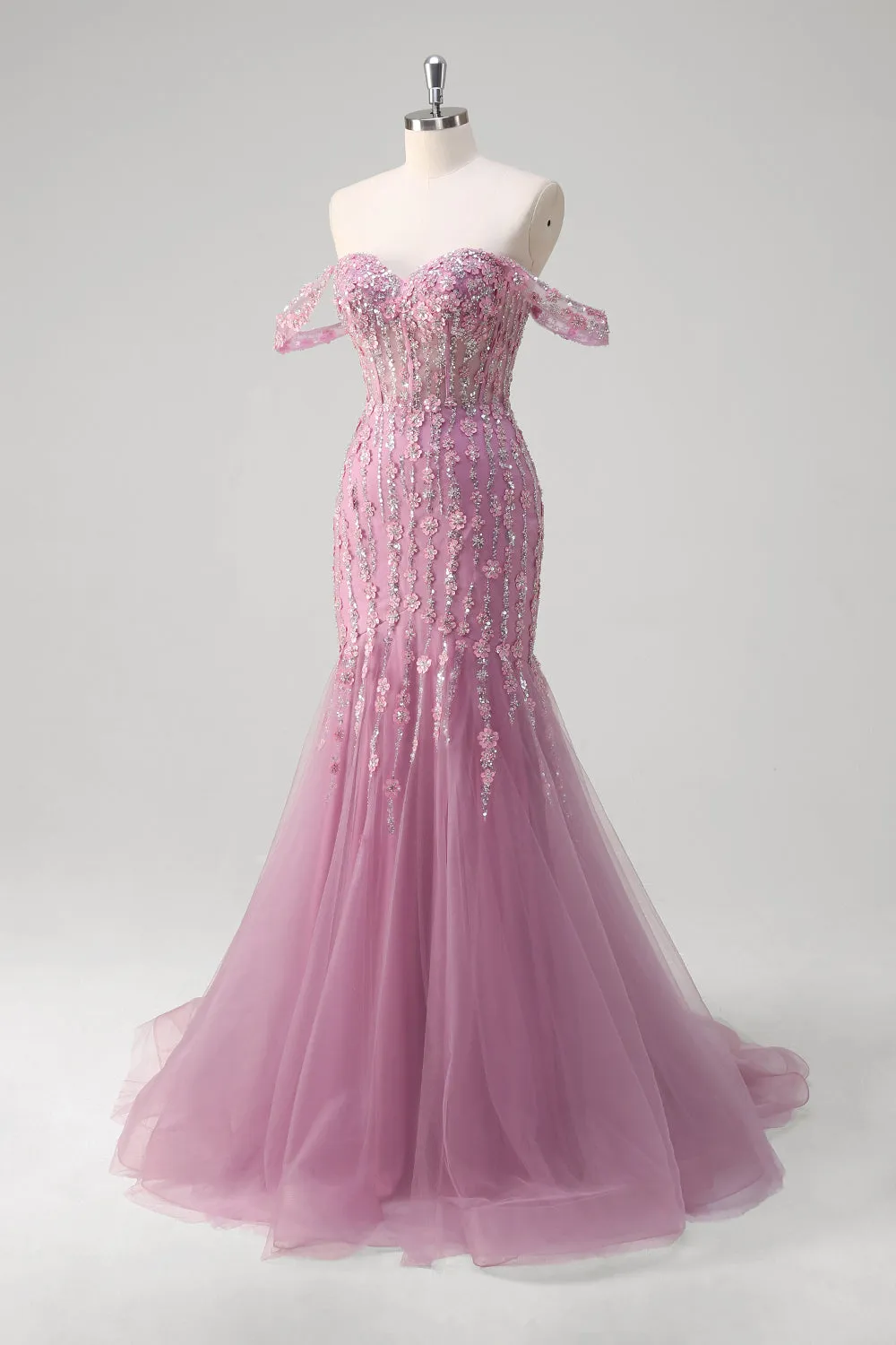 Grey Purple Mermaid Off The Shoulder Appliqued Corset Long Prom Dress With Tulle sold by Zapaka product image thumbnail 4