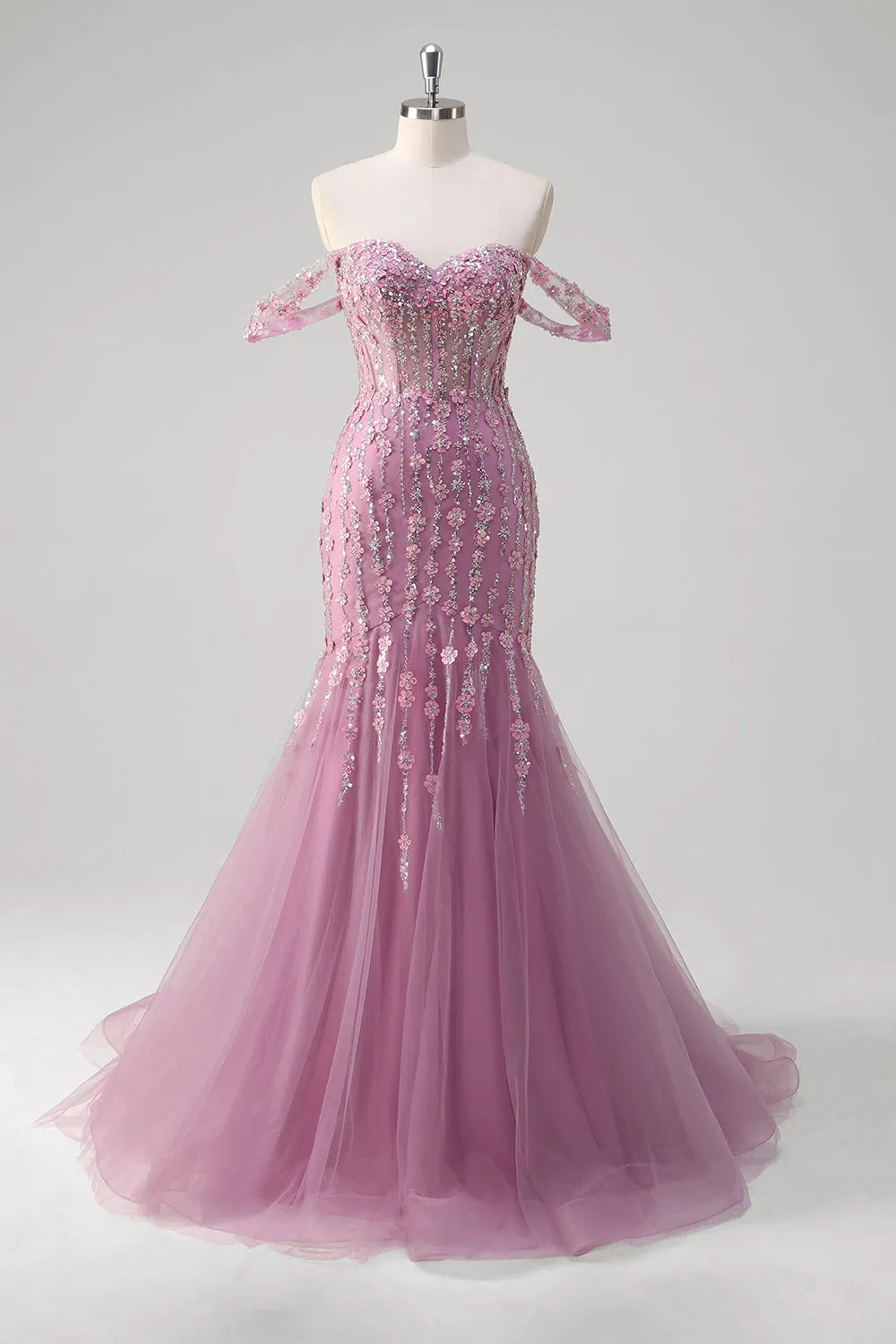 Grey Purple Mermaid Off The Shoulder Appliqued Corset Long Prom Dress With Tulle sold by Zapaka