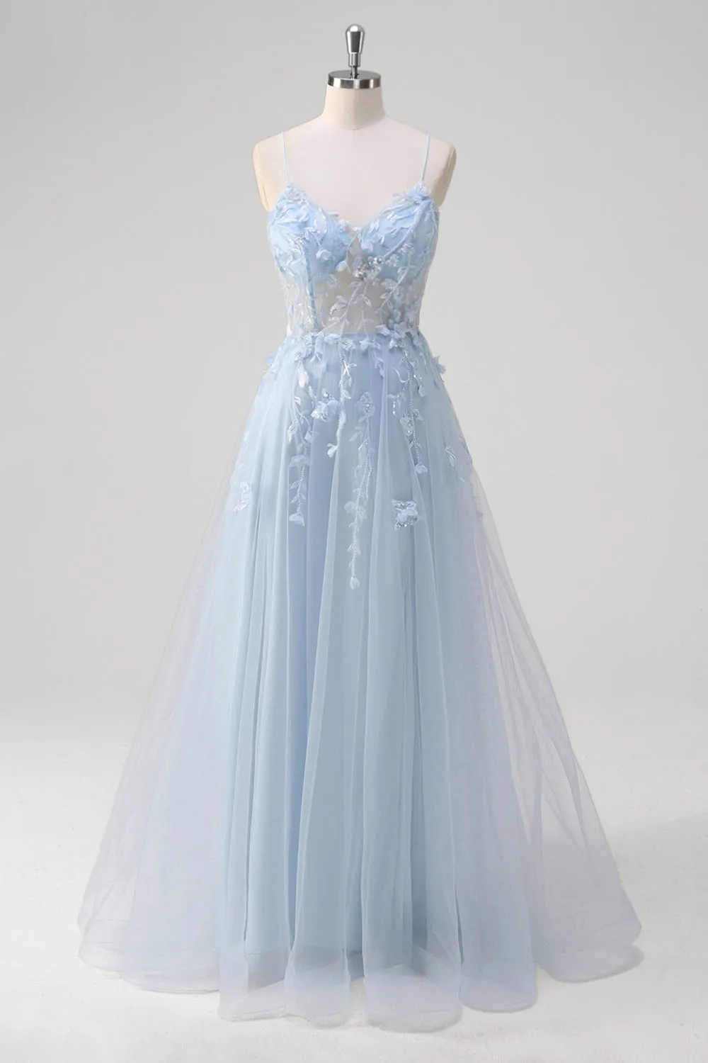 Blue A Line Spaghetti Straps Appliqued Corset Long Prom Dress With Tulle sold by Zapaka