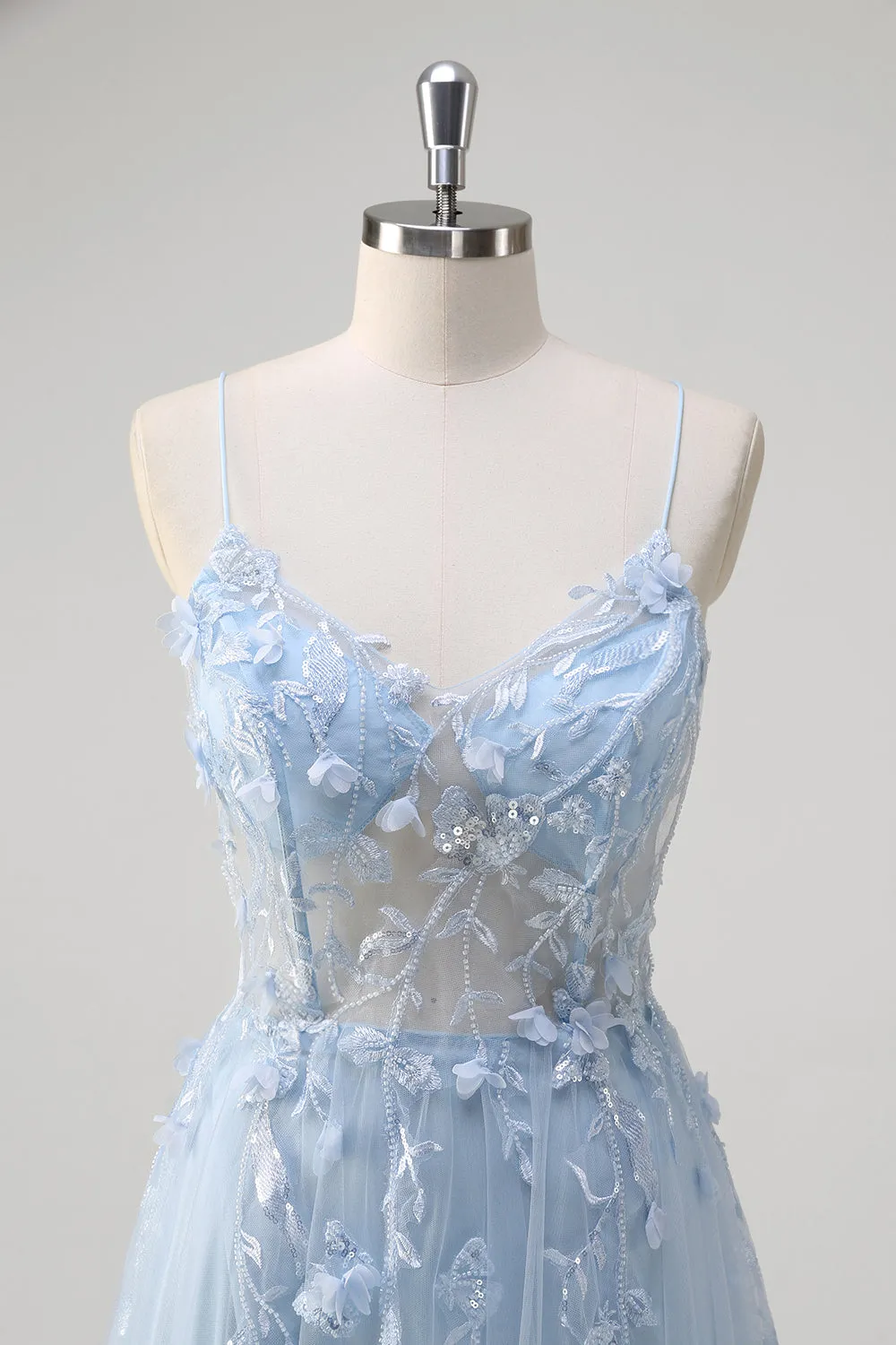 Blue A Line Spaghetti Straps Appliqued Corset Long Prom Dress With Tulle sold by Zapaka product image thumbnail 5
