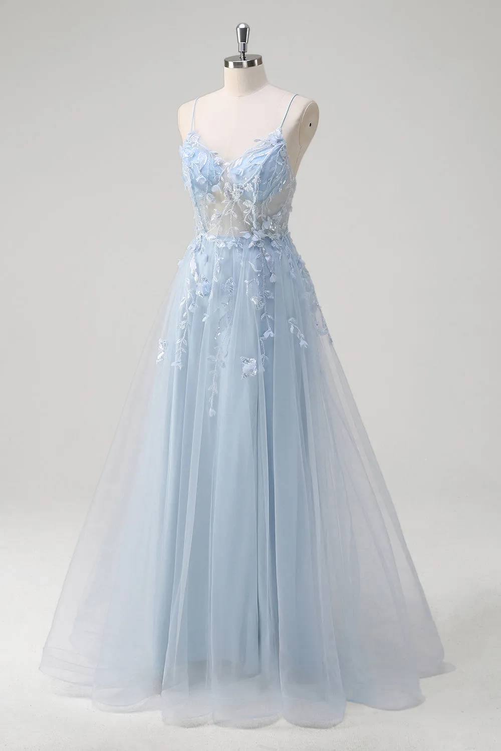 Blue A Line Spaghetti Straps Appliqued Corset Long Prom Dress With Tulle sold by Zapaka product image thumbnail 3