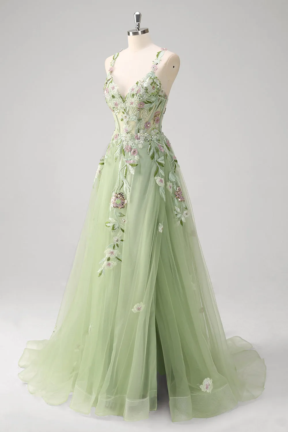 Green A line Sheer Boned Corset Tulle Sequins Long Prom Dress With Floral Embroidery sold by Zapaka product image thumbnail 3