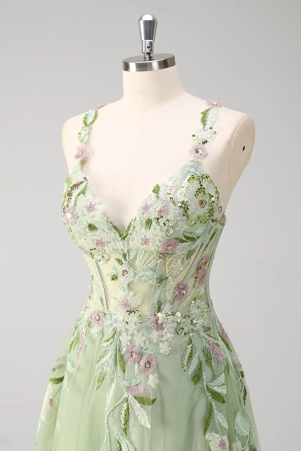 Green A line Sheer Boned Corset Tulle Sequins Long Prom Dress With Floral Embroidery sold by Zapaka product image thumbnail 4