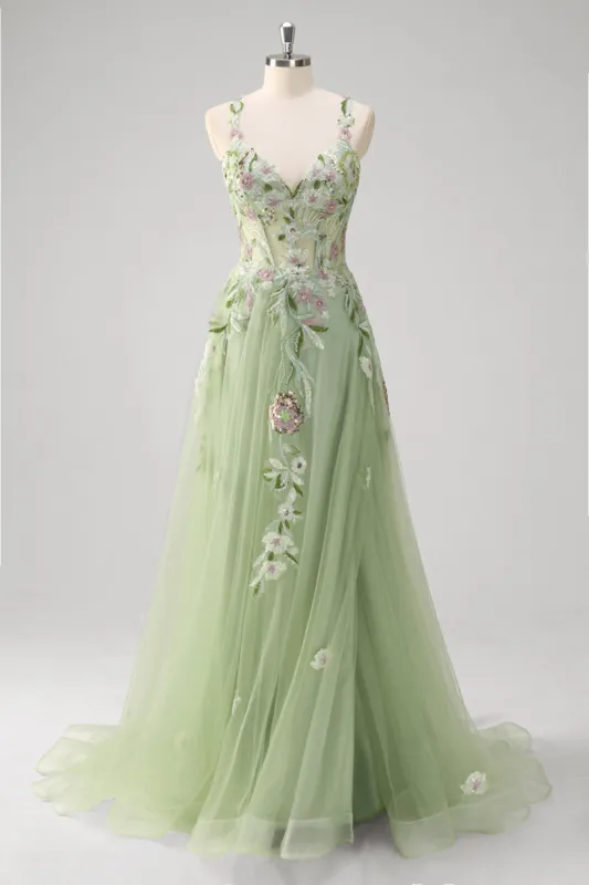 Green A line Sheer Boned Corset Tulle Sequins Long Prom Dress With Floral Embroidery made by Zapaka