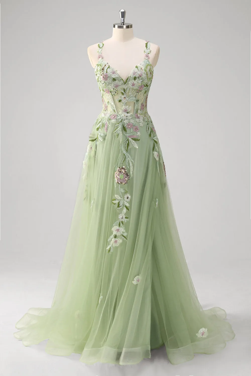 Green A line Sheer Boned Corset Tulle Sequins Long Prom Dress With Floral Embroidery sold by Zapaka