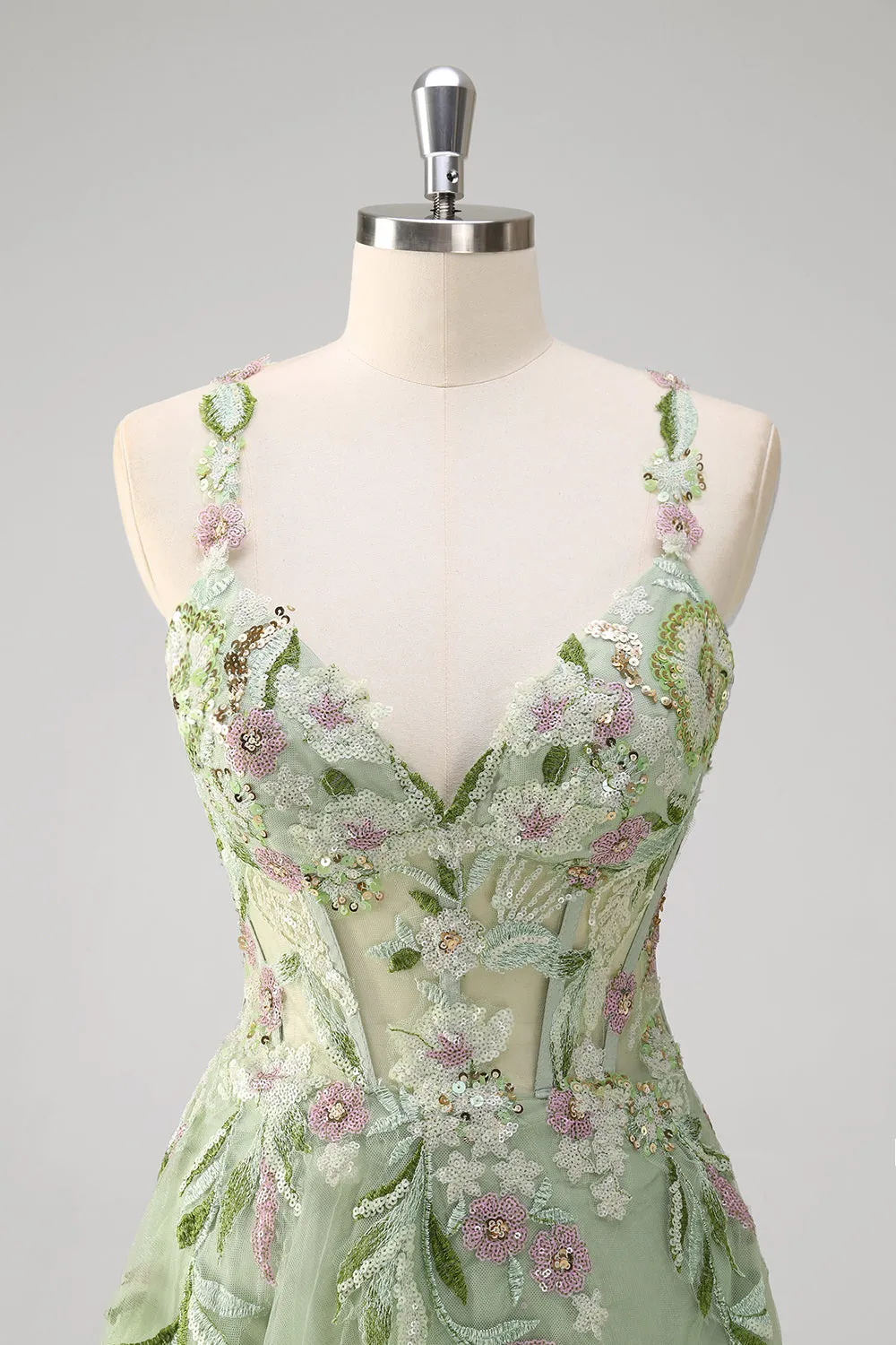Green A line Sheer Boned Corset Tulle Sequins Long Prom Dress With Floral Embroidery sold by Zapaka product image thumbnail 5