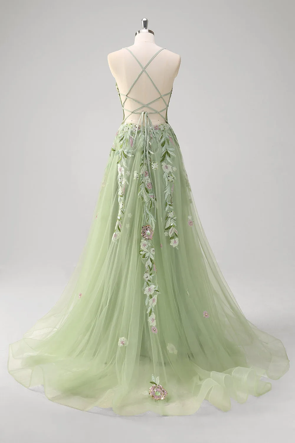 Green A line Sheer Boned Corset Tulle Sequins Long Prom Dress With Floral Embroidery sold by Zapaka product image thumbnail 2