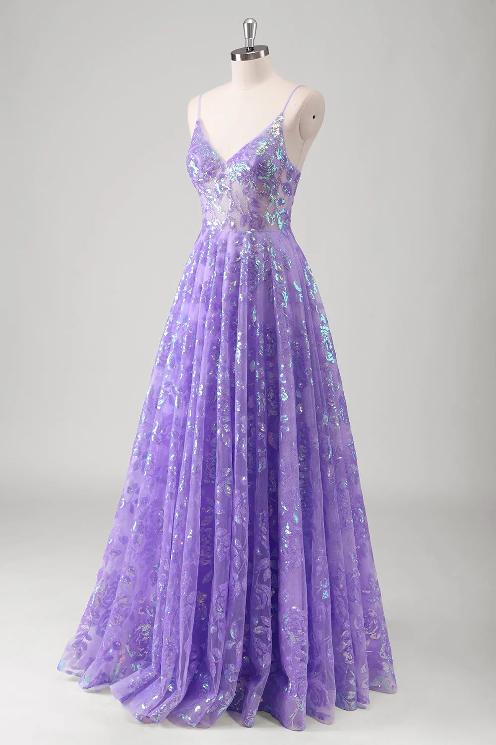 Purple A Line Spaghetti Straps Long Printed Prom Dress With Sequins sold by Zapaka product image thumbnail 3
