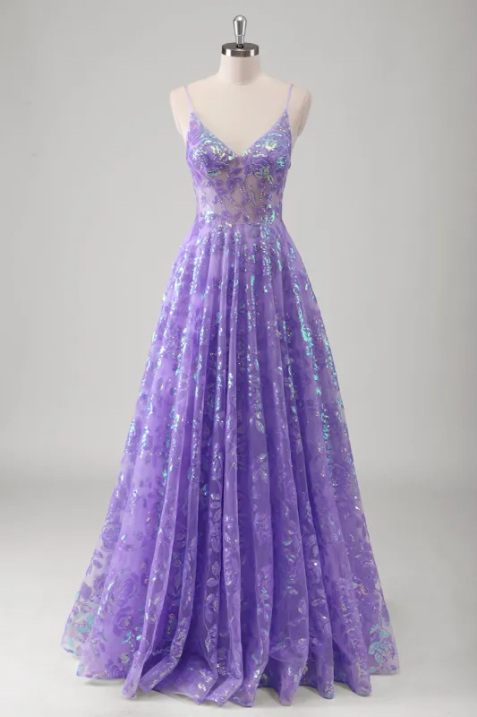 Purple A Line Spaghetti Straps Long Printed Prom Dress With Sequins sold by Zapaka