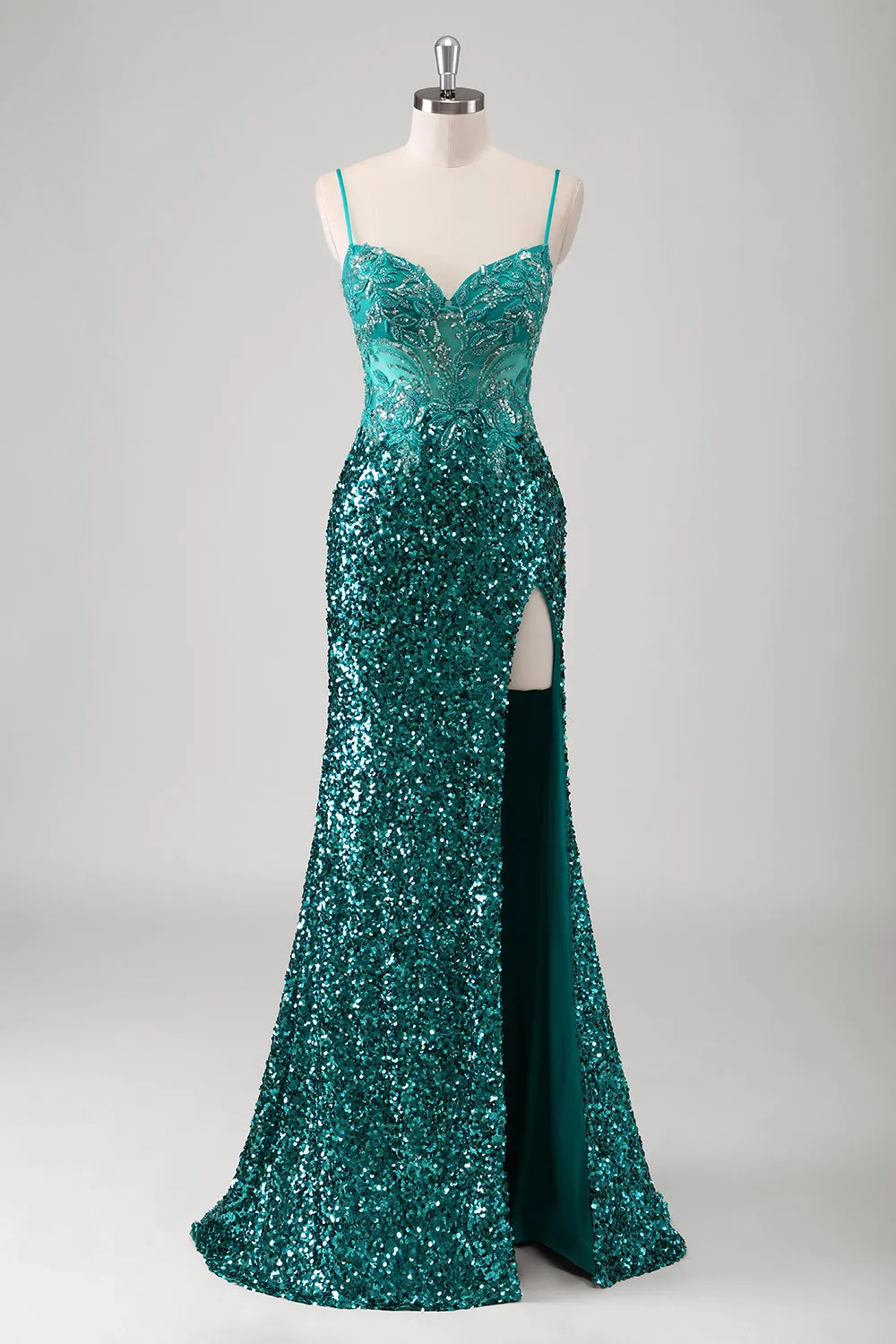 Peacock Green Mermaid Spaghetti Straps Long Prom Dress With Sequins sold by Zapaka