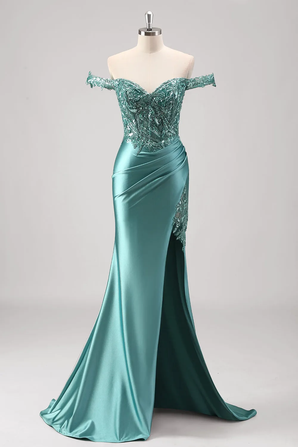 Sparkly Grey Green Mermaid Off The Shoulder Sequins Metallic Prom Dress with Slit sold by Zapaka
