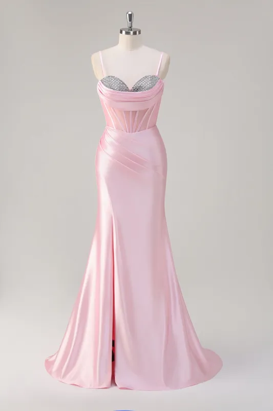 Pink Mermaid Spaghetti Straps Corset Prom Dress with Slit sold by Zapaka