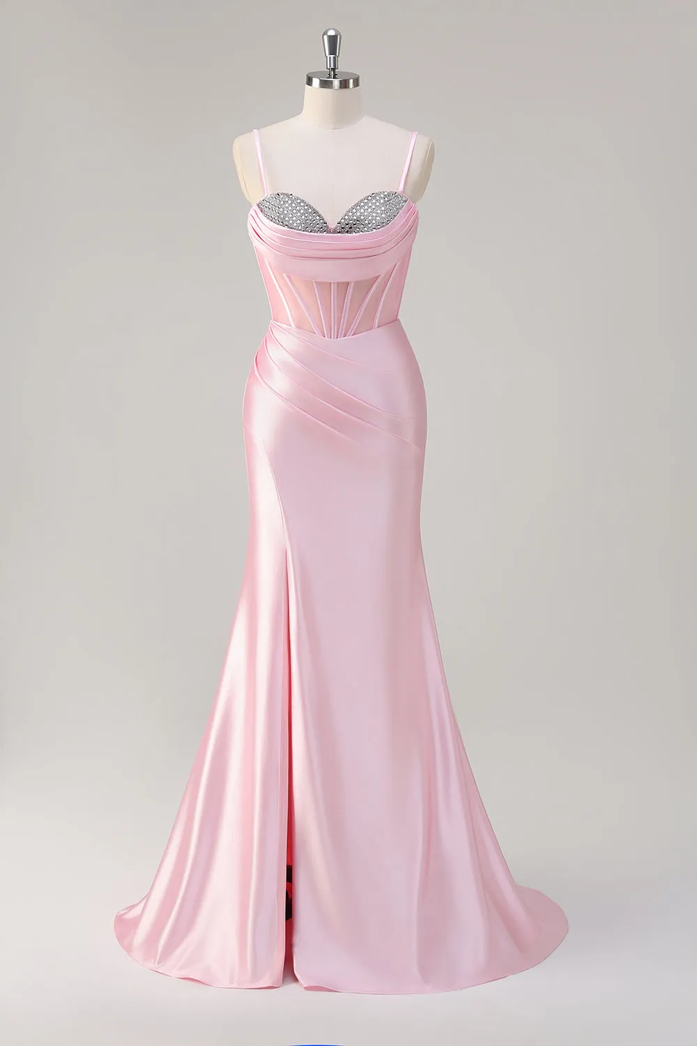 Pink Mermaid Spaghetti Straps Corset Prom Dress with Slit sold by Zapaka